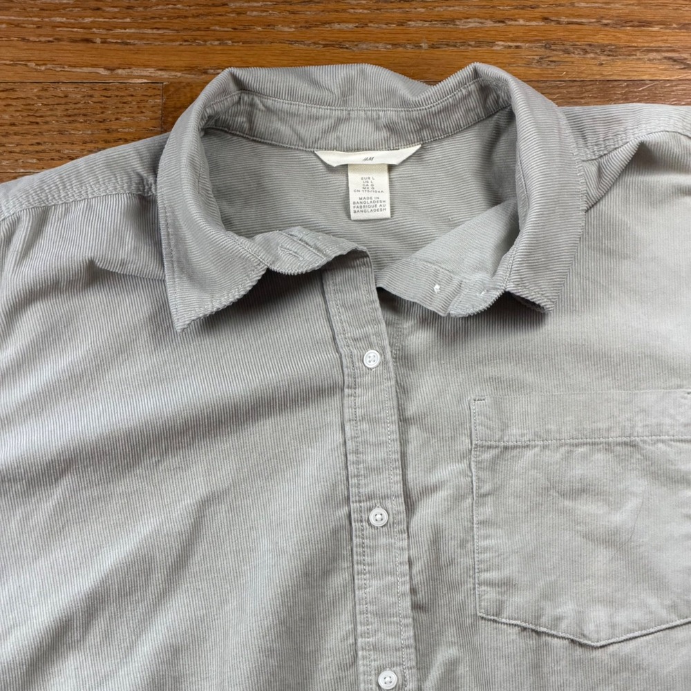 Preppy Y2K Men's Corduroy Button Down Shirt Light Grey Long Sleeve Pocket Large